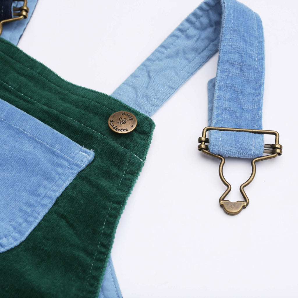 Blue, navy, and dark green corduroy overall dress for kids - Dotty Dungarees