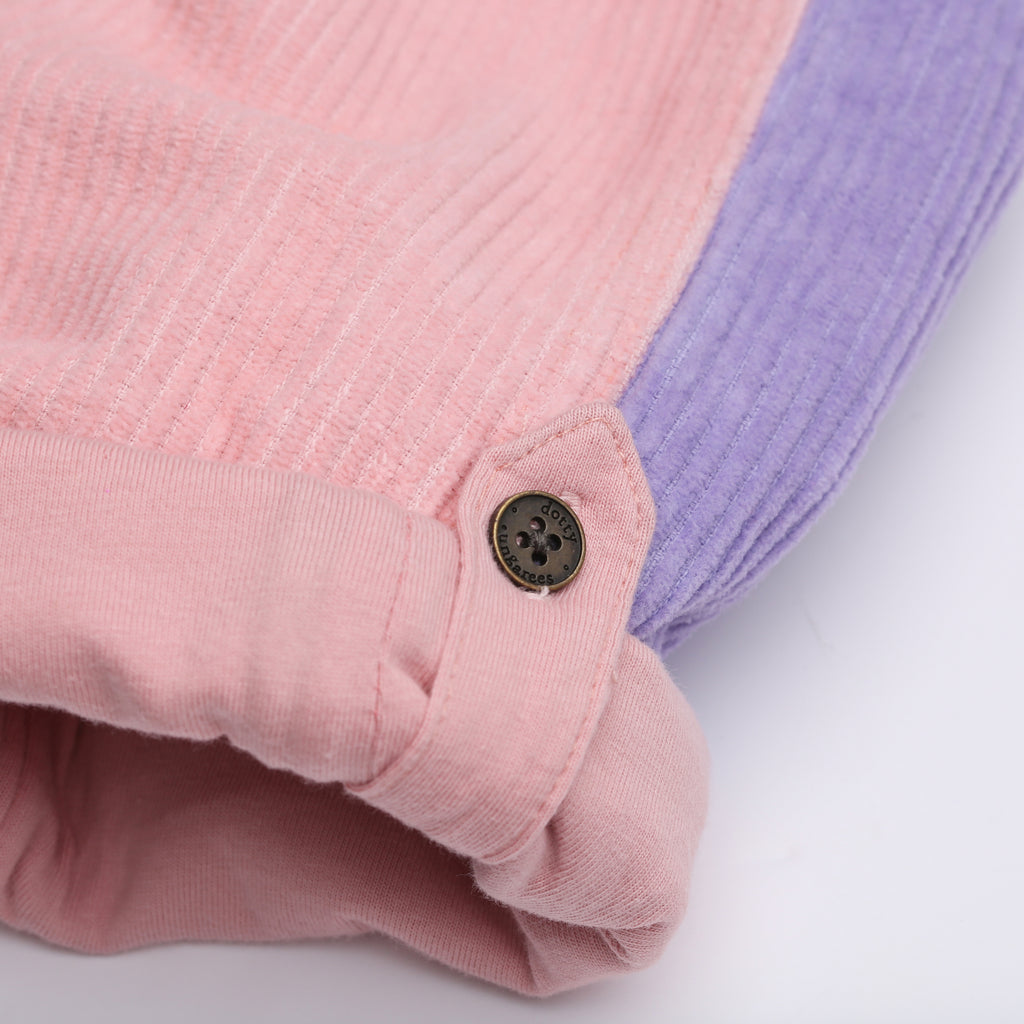 Pink, purple, and red chunky cord overalls for kids - Dotty Dungarees