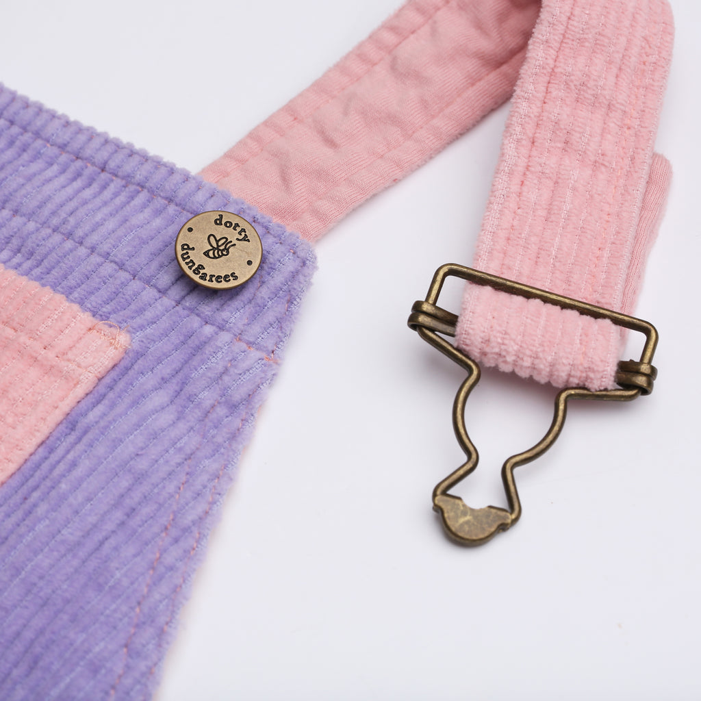 Pink, purple, and red chunky cord overall dress for kids - Dotty Dungarees