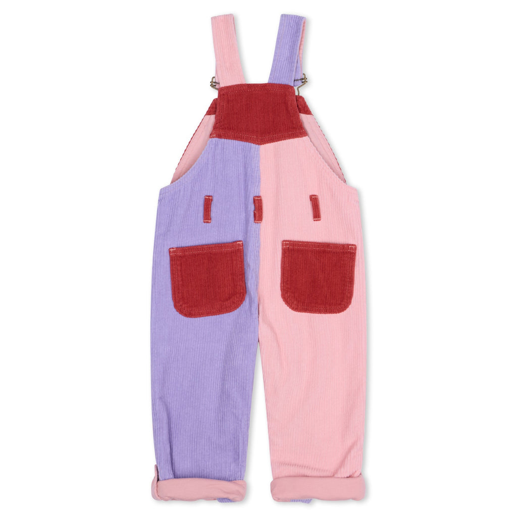 Pink, purple, and red chunky cord overalls for kids - Dotty Dungarees