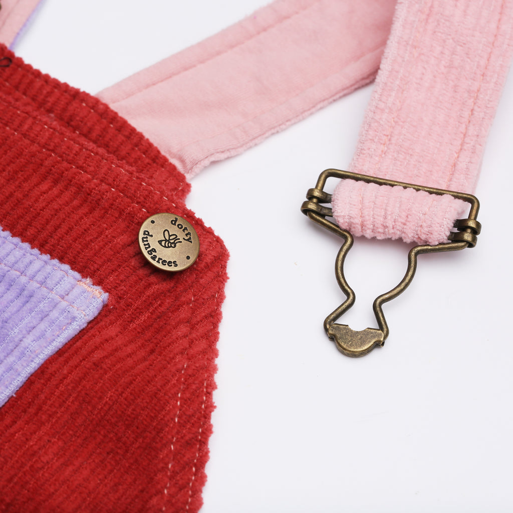 Pink, purple, and red chunky cord overalls for kids - Dotty Dungarees