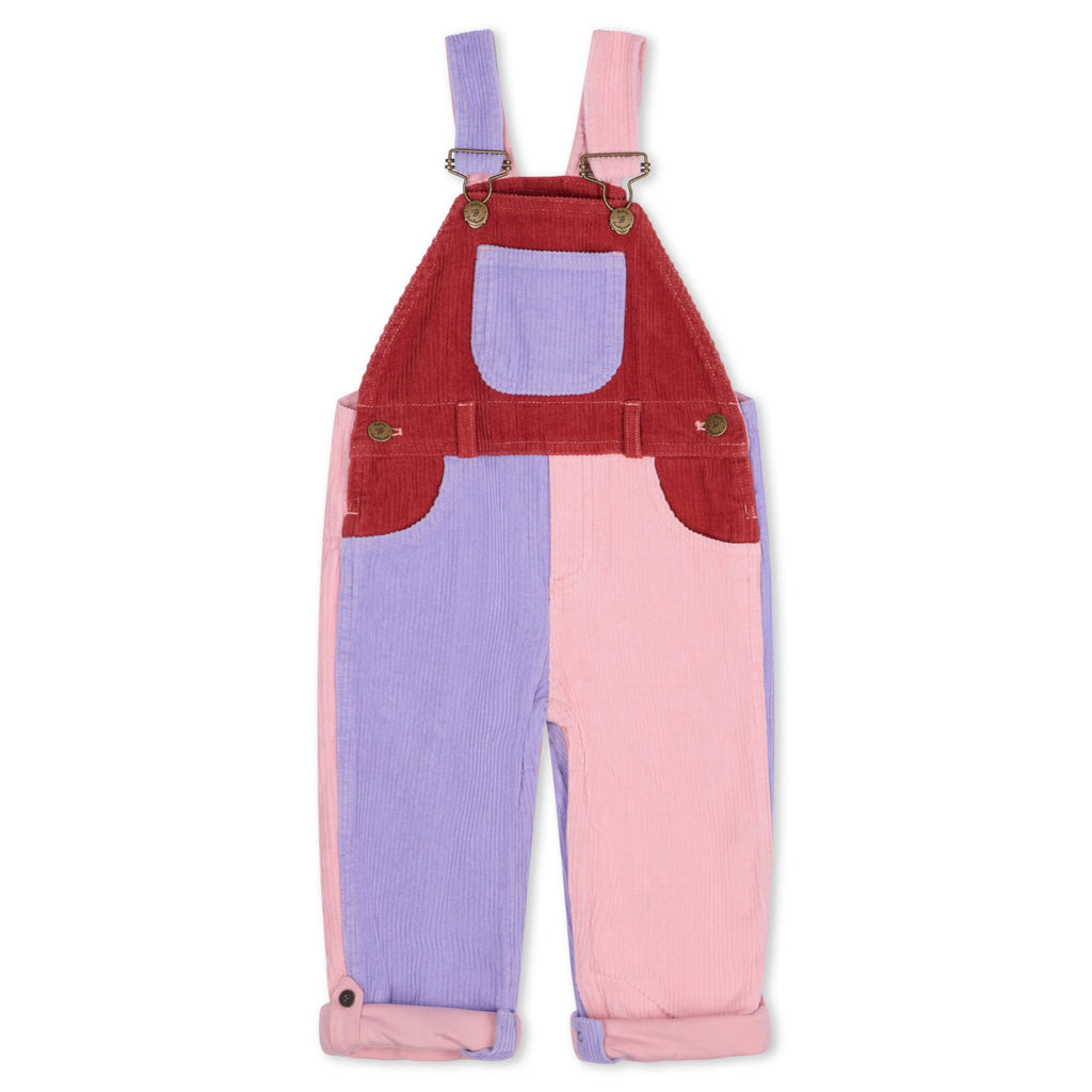 Pink, purple, and red chunky cord overalls for kids - Dotty Dungarees